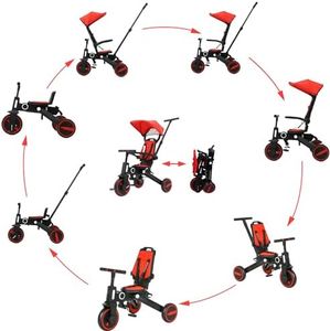 7 in 1 Kids Tricycle with Parent Steering Push Handle. Kids Bike, Balance Bike. Lightweight and Portable Push Bike with Removable Pedals. Toddler Trike with Canopy, Guardrail & Safety Harness (Red)