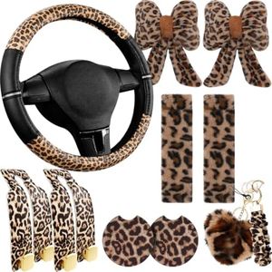10PCS Leopard Print Car Accessories for Women, Cute Cheetah Print Set with Steering Wheel Cover, Seat Belt Pads, Headrest Bows, Cup Coasters, Purse Hooks & Keychain, Girly Car Interior Decor