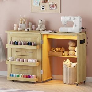 HNEBC Smart Folding Sewing Table - with LED Lights & Motion Sensor, Craft Table with 2 AC Outlets & USB Ports, Compact Sewing Machine Desk with Storage Shelves and 6 Wheels for Home(Natural)