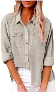 HXHYQKP Womens Long Sleeve Button Down Cotton Linen Shirt Blouse Loose Fit Casual V-Neck Tops