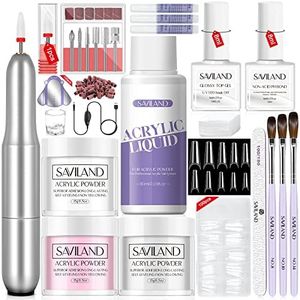 SAVILAND Acrylic Nail Kit with Nail Tips - 3 Colors Acrylic Powder Liquid Set 100pcs Half Cover False Nail Tips Acid-free Primer Top Coat Acrylic Nail Kit Set for Beginners DIY Nail Art Extension