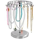 BELLE VOUS Silver Metal Rotating Jewellery Holder Display Stand (23 Hooks) - H34.8 x W20.5cm / 13.70 x 8.07 Inches - Hanging Organiser Tower Rack - Storage for Necklaces & Bracelets, Rings & Earrings