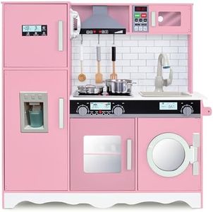 Lil’ Jumbl Kids Pink Kitchen Set, Pretend Wooden Play Kitchen, Battery Operated Icemaker, Microwave, Range Hood, Stove Top, Oven, with Realistic Sound & Lights, Pots, Pan, & Utensils Included