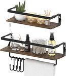 HORLIMER Floating Shelves for Wall Set of 2, Wooden Wall Shelves with Removable Towel Rack and 4 Metal Hooks, Rustic Wall Mounted Shelves for Kitchen, Bathroom, Bedroom, Living Room