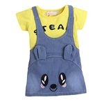 Hopscotch Girls Animal Applique Pinafore Knee Length Dress with Text Print T-Shirt in Yellow Color for Ages 6-9 Months