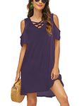 Bluetime Women Cold Shoulder Criss Cross Neckline Short Sleeve Casual Tunic Top Dress - Purple -