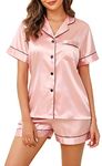 Vlazom Pyjamas for Women, Soft Satin Pjs Set Two Piece Silk Pyjamas for Ladies Button Down Sleepwear Loungewear Rose Pink,M