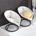 Dobbyby Leaf-Shaped Soap Dish – Ceramic Soap Bar Holder with Self-Drainage System – Bar Soap Holder for Shower, Bathroom Sink, Kitchen – Soap Dish with Stainless Steel Stand (White-Black-2 Pack)