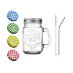 SAVE Mason Jar with Stainless Steel Straw and handle and 2 Lids- 1 Hole and 1 without Hole | Stylish Embossing Design | 450 ml | Multicolour (Bent Straw + Cleaning Brush)