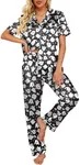 Ekouaer Silk Satin Pajamas Set Women Short Sleeve Sleepwear Soft Button Down Loungewear Pjs Set Ghost Print Large