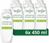 Simple Kind to Skin Refreshing Shower Gel Body Wash with cucumber extracts and pro-vitamin B5 for sensitive skin 6x 450 ml