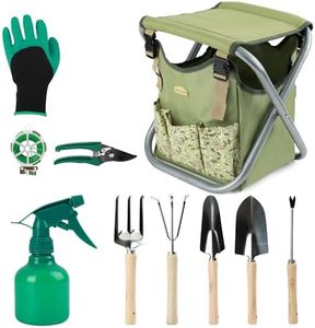 12 pcs Garden Tools Stool, Gardening Hand Tools Set with Folding Chair Seat and Garden Storage Tote Bag, Garden Tools Carrier, Digging, Gardening Gifts Set for Mom/Dad and Gardeners. Green