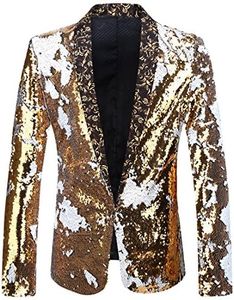 PYJTRL Men Stylish Two Color Conversion Shiny Sequins Blazer Suit Jacket (Gold + White, XL/44R)