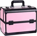 Adson Professional Makeup Box Cosmetics Case Jewelry Organiser Vanity Make Up Storage Box Beauty Train Case Lockable with Keys (Light Pink with Black Corners)