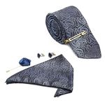 LOUIS STITCH Mens Spruce Blue Italian Silk Necktie Set Incl Pocket Square Cufflinks Chrome Tiepin Brooch American Style Formal Tie Gift Set for Men (TEBU030GP)