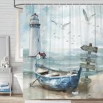 Uokiuki Nautical Coastal Shower Curtain, Ocean Beach Lighthouse Shower Curtain Set, Seasides Sailboat Coastal Blue Teal Decor Shower Curtain for Bathroom with Hook 60X70IN