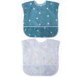 Little Dimsum Toddler Feeding Smocks Baby Waterproof Bib with Crumb Catcher Pocket Short Sleeve Adjustable Baby Bib, Pack of 2 Colors Flower Sets