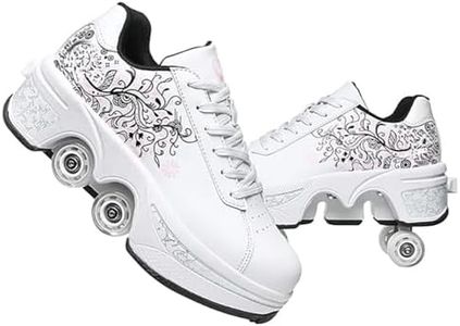 Roller Skate Shoes for Women, Double-Row Deform Quad Roller Skates, Automatic Walking Shoes Detachable Roller Skate, Shoes with Wheels for Girls Boys, Skating Shoes Unisex, White Flower, US 9