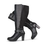 Chicblooms Women's Plus Size Extra Wide Calf High Heel Dress Boots with Ankle Buckle,Black Suede,7 M US