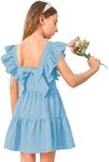 OYOANGLE Girl's Cute Square Neck Sleeveless Bow Back Ruffle Trim A Line Mini Short Dress Blue Solid 10Y