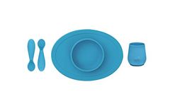 ezpz First Foods Set for Babies – Suctioning Bowl, Cup, & Spoons for Self-Feeding & Fine Motor Skills Development – 100% Food Grade Silicone, Dishwasher Safe – Perfect for 4 Months Plus (Blue)