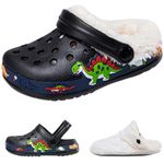 Kids Clogs Garden Shoes Mules Winter Plush Warm Cute Dinosaur Lightweight Pool Shower Slippers for Kid Toddler Boys Girls Water Shoes Winter Black 8.5 UK Label Size EU 26