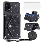 Asuwish Phone Case for OnePlus Nord N200 5G Wallet Cover with Screen Protector and Crossbody Strap Lanyard Bling Glitter Card Holder One Plus N 200 G5 1 Plus 200N 1plus One+ 1+ N2005G 2021 Black