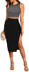 Pink Queen Women's 2 Piece Summer Outfits Elegant Sleeveless Crop Top High Waisted Slit Skirt Sets Holiday Dress Suits Black Stripe S