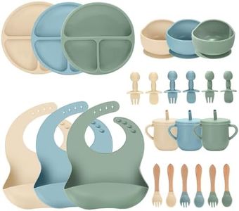 JELLDJK 24 PCS Silicone Baby Feeding Set, Baby Led Weaning Supplies Includes Suction Bowls and Divided Plates, Adjustable Silicone Bib, Spoons&forks, Training cup with straw (Green+Blue+Beige)