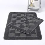 Night Zone Squares 2 Piece Bath Mat & Pedestal Set Non Slip Extra Absorbent Bathroom Toilet Rug Bath Mats Set (Grey)