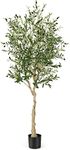 Costway 182cm Fake Potted Tree for Indoor & Outdoor Decor,1-Pack Artificial Olive Tree, Realistic Olive Branch & Fruits, Faux Olive Silk Tree for Home Office Garden