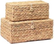 LUSYDECO Set of 2 Rectangular Wicker Storage Bins with Lid, Rattan Basket Decorative Boxes, Multipurpose Organizer Rattan Display Boxes for Shelf Organizer, Boho Rattan Box for Home Decoration