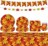 Autumn Fall Maple Leaf Party Tableware Set,70pcs Autumn Thanksgiving Dinnerware Maple Leaf Paper Plates Cups Napkins Tablecloth and Banner for Thanksgiving Harvest Festival Décor,Autumn Table Décor