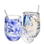 THILY Stainless Steel Insulated Wine Tumbler Stemless Wine Glass with Sliding Lid and Straw, Cute Travel Cup Keep Coffee and Cocktails Cold, 2 Pack(Iridaceae+Orchid)