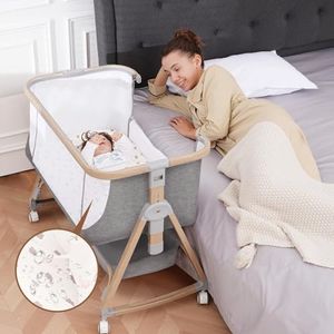 Jestonten Baby Bassinet Bedside Sleeper - 3 in 1 Bassinets with Waterproof Sheets, Soft Mattress and Breathable Mesh, Adjustable Height Bedside Bassinet for Baby with Wheels, Storage Basket, Gray