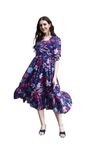 SMOWKLY Women's Georgette Floral Printed Indo-Western Ethnic Gown || Half Sleeve V Neck Fit & Flare Flared Hem Design || Casual Wear A-Line Maxi Dress 1323_BL_XL Blue