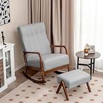 Giantex Rocking Chair with Ottoman, Upholstered Rocker Chair with Solid Rubber Wood Frame, Linen Nursery Chair with Padded Cushion, Tufted Glider Chair with Footrest for Living Room, Bedroom (Grey)