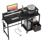 GreenForest Computer Desk with Power Outlets, 55 inch Black Desk with Storage Shelves and Printer Shelf, Home Office Desk with Monitor Stand, Writing Study Desk with Drawers for Home, Black