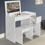 Vanity Desk with Mirror and Drawers, Makeup Dressing Table Vanity Table Writing Desk Cosmetic Bedroom Dresser Makeup Desk For Bedroom Furniture, White Marble, 81L x 40 W x 69 H cm