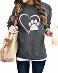 SUPEYA Heart Dog Paw Graphic Sweatshirt Women Cute Dog Mom Shirts Long Sleeve Casual Crewneck Fashion Pullover Tops Dark Gray