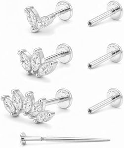 YACHY G23 Titanium Flat Back Earrings, 18G Labret Studs, 3-Piece, Silver