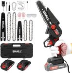 SHALL Mini tronçonneuse portable,Moteur sans balais 21 V,2 batteries à charge rapide,4 chaînes, coupant des branches, de jardinage meilleur choix pour mari, père, amateurs de bricolage en bois