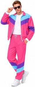 Pushayt 80s Outfit for Men Women - Retro 90s Neon Tracksuit, Vintage Track Suit Set, Halloween Costume & 80s Party (Pink, 2XL)
