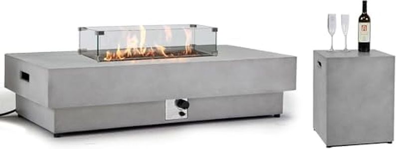 ReeQuo 60Inch Fire Pit Table Propane with Tank Cover Windy Guard, 50,000 BTU Concrete Rectangle Firepit for Outside Patio with Metal Lid, Lava Rocks, Rain Cover, Backyard, Outdoor