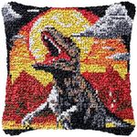 Sunset Dinosaur Latch Hook Kits Pillow DIY Rug Crochet Hook Cushion Making Kits with Preprinted Pattern Canvas DIY Handmade Home Sofa Christmas Cushion Kits Decor 43x43cm