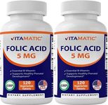 Vitamatic 2 Pack - Folic Acid 5mg (5000 mcg) - 120 Vegetarian Tablets - (Vitamin B9 Folate) (Total 240 Tablets)