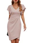 ihot Women's Dress for Wedding Guest Ruffle Sleeve V Neck Sheath Bodycon Ruched Faux Wrap Graduation Dress Semi Formal Midi Dress for Cocktail Party Club,Nude Pink,Medium