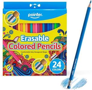 Pointer Erasable Colored Pencils with Hexagonal Shape, Soft Erasers, Vibrant Smooth Colors Comfortable Grip, Durable Quality Fun Creative Design Ideal for School Art Drawing Crafting Coloring - 24Pack