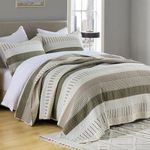 PANGUSHAN 100% Cotton Quilt Set Queen Size, Patchwork Queen Quilt Bedding Set Bedspreads, Farmhouse Lightweight Comforter Reversible Quilt, Queen Bed Spread for All Season, Green/Brown/Cream