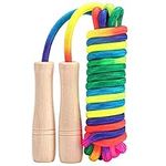 HiUnicorn Long Double Dutch Jump Rope 16.4ft (5m) for Multiple Skippers, Rainbow Adjustable Braided Skipping Rope Wooden Handle for Boys & Girls Group Exercise Supply at School Spring Outdoor (Rainbow 1-Pack)